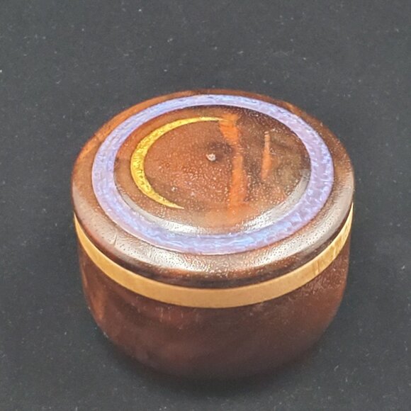 Vintage Wooden Trinket Jewelry Box Round with Inlaid Agate Top Lid - Picture 2 of 12